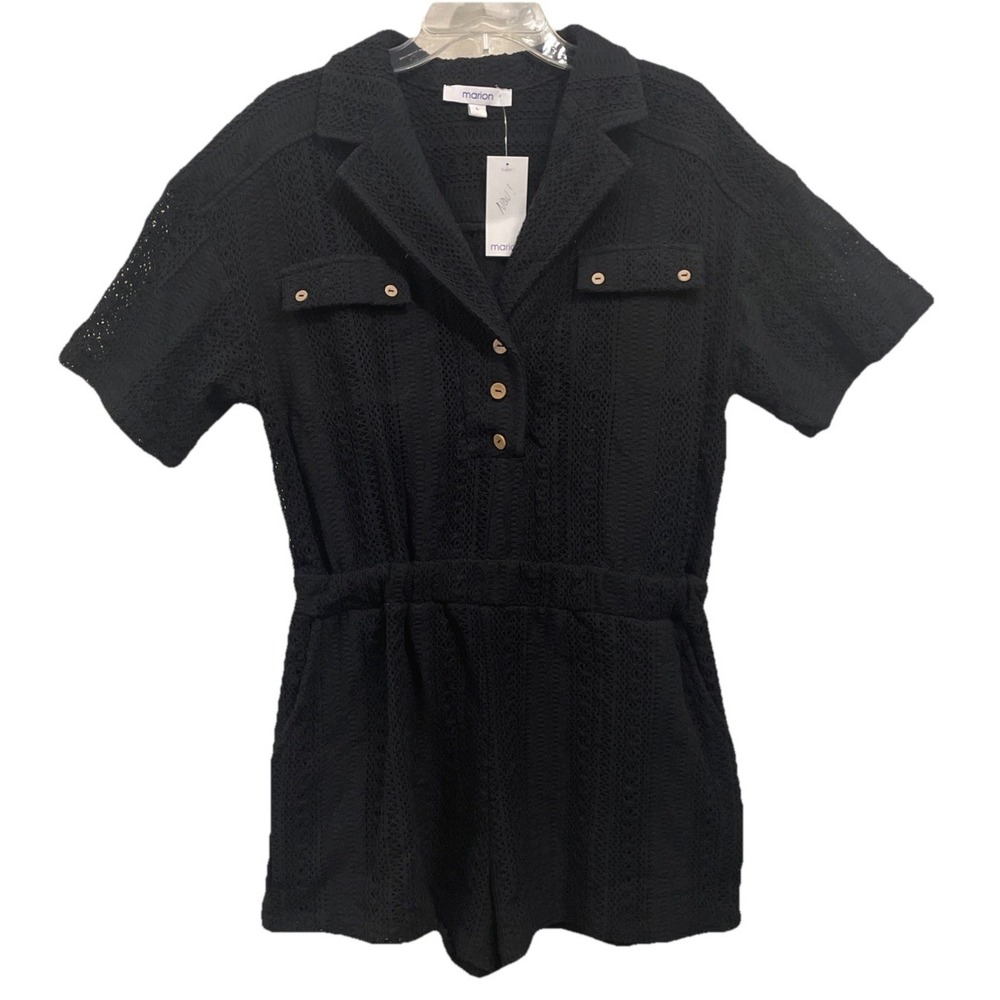 Marion NWT Black Crochet Short Sleeve 1/2 Button Down Shorts Romper Womens Large